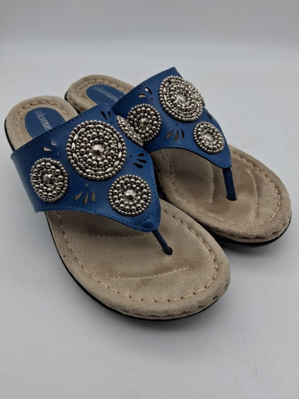Sole Sense Ability Sandals Women’s 5.5M Flip Flops Wedge Blue Leather Boho
